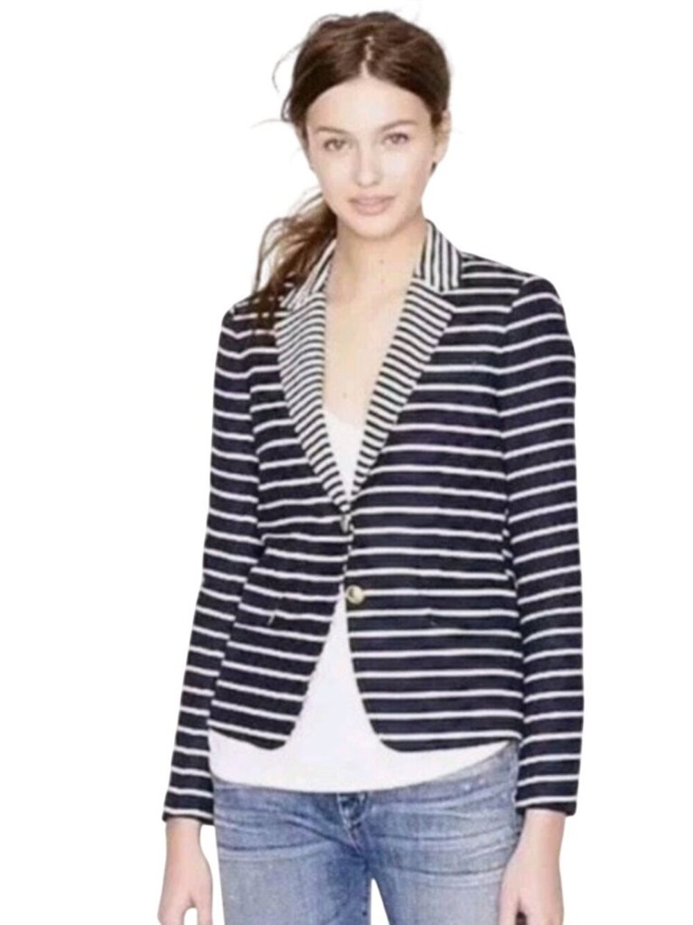J.Crew Schoolboy Nautical Stripe NavyCream Gold Button Linen Blend Blazer Size 8